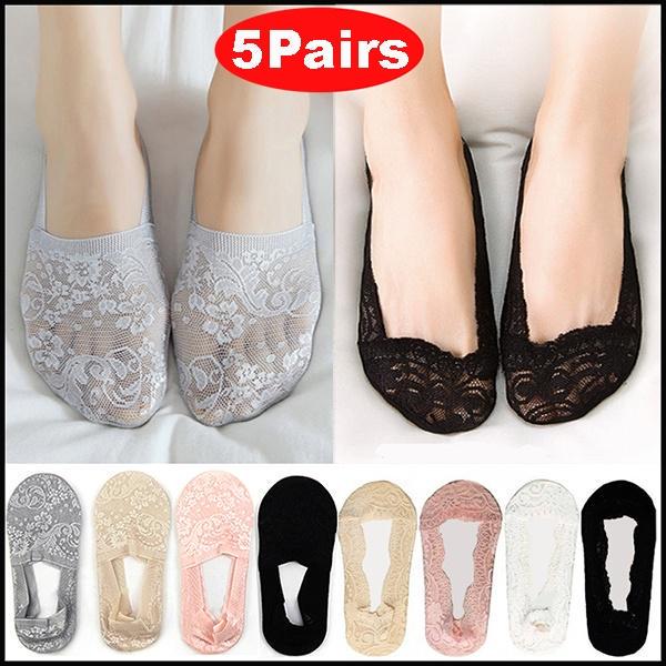 5 Pairs Women Lace Socks Boat Invisible Anti-Skid Ankle Socks Low Cut No-show Non-Slip Liner Slipper Socks