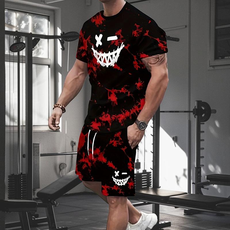 Мужской костюм, летний повседневный дышащий освежающий костюм с принтом 3D Evil Face, большой мужской свободный топ, модный с короткими рукавами