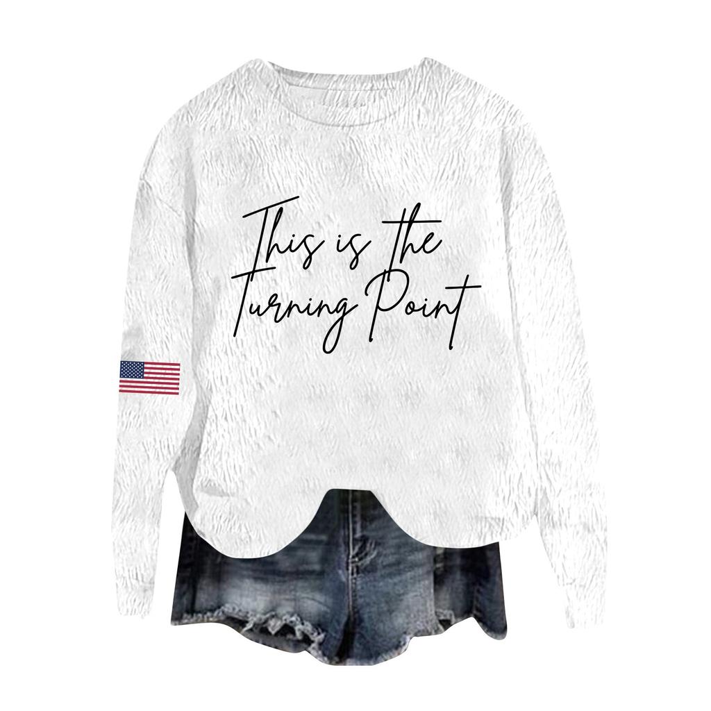 Women's Fashion Round Neck Pullover Top Long Sleeve Tee Printed Sweatshirt