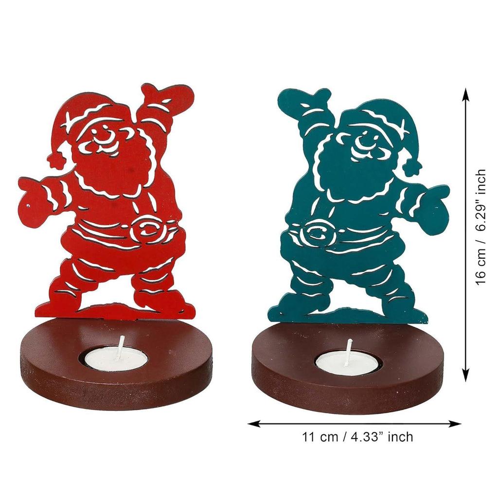 Christmas Santa Claus Showpiece Decorative Tea Light Candle Holders (Set of 2 Wooden Red Green) for Home Office - Gifts for Family Friend