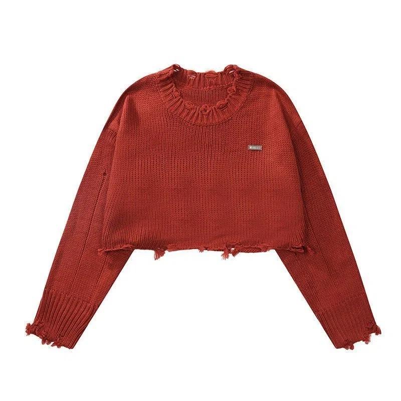 Cropped Knitted Pullovers Women Long Sleeve O-Neck Short Sweaters Girl's Solid Color Casual Irregular Jumpers Streetwear
