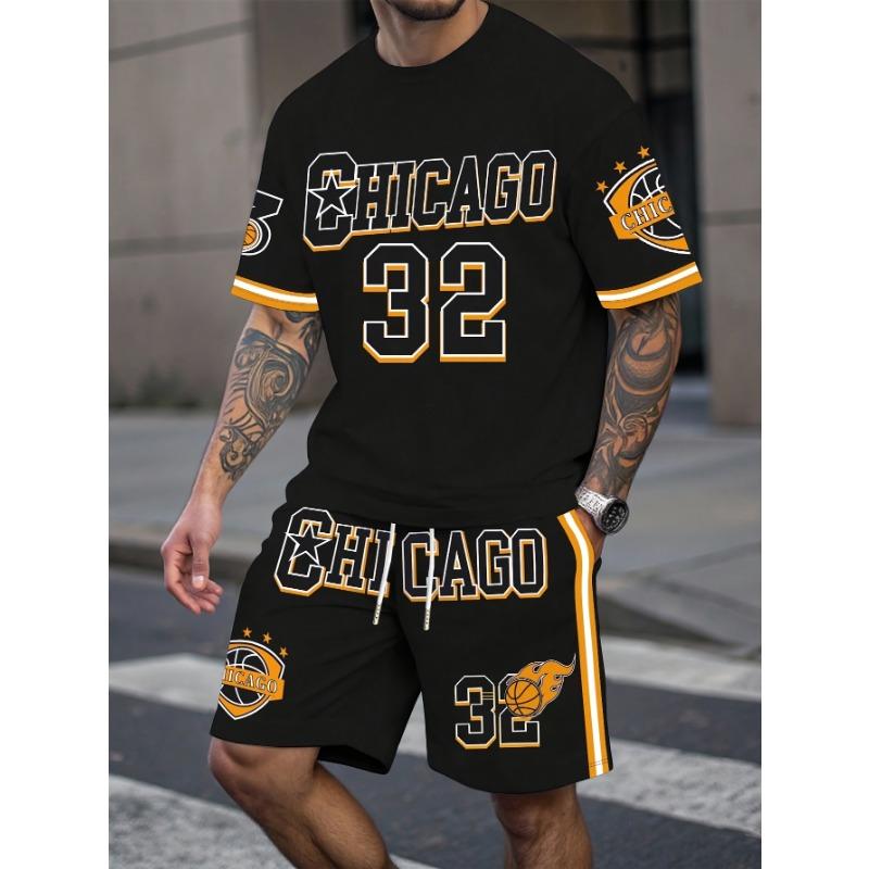 Men's Sporty Chicago 32 Graphic Set: O-Neck Top & Elastic Waist Shorts. Black Base with Gold Trim Detail for Urban Style & Athletic Activities