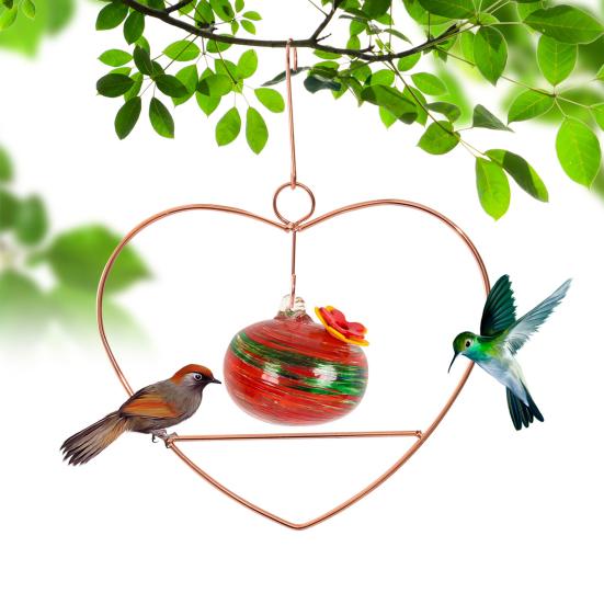 Heart-Shaped Hummingbird Feeder Hanging Water Feeder with Perch Colorful Glass Bottle Wire Frame Hummingbird Feeder for Porch Yard Garden Outdoor