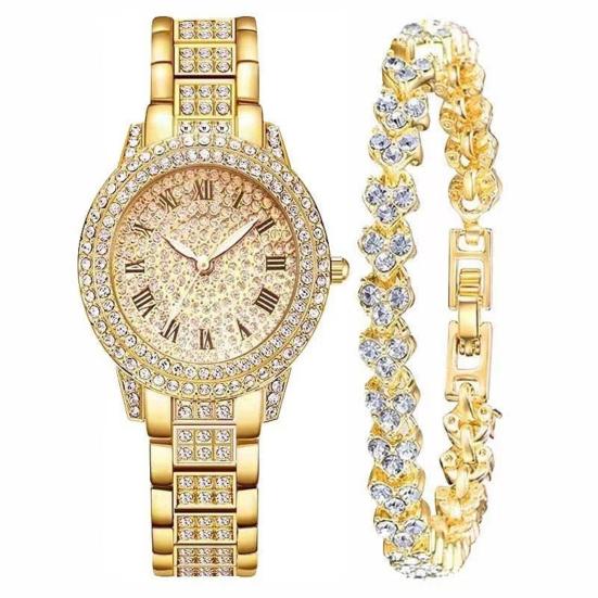 2Pcs/Set Women Quart Watch Shiny Rhinestones Circular Dial High Precision Movement Wristwatch with Bracelet