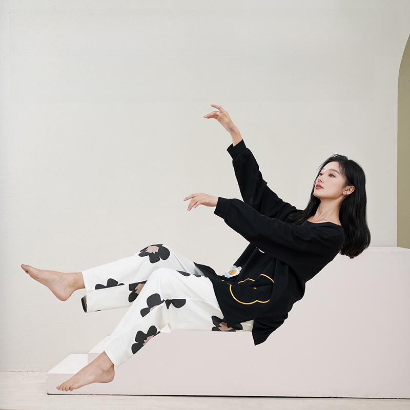 Женский пижамный комплект из чистого хлопка с длинными рукавами и нагрудными накладками — большой размер, весна/осень 2025 г.