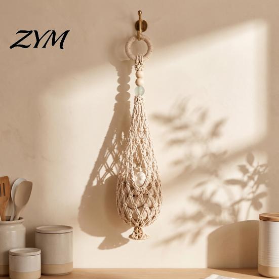 Space Saving Cabinet Door Organizer Handwoven Cotton Rope Storage Mesh Bag, Wall-Mounted Bohemian Style Organizer, Practical Housewarming Gift