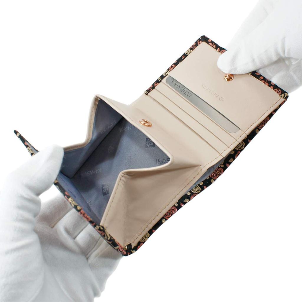 Inden Wallet with Coin Rose Black Background X White Pink Lacquer 8403 [Indenya] Bi-fold Box-type Purse, Deerskin, Kaguwa, Petite,