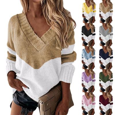 Женский модный свитер с V-образным вырезом, свободный повседневный однотонный вязаный свитер