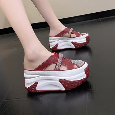 7 см Полые летние сандалии на танкетке Кожаные кроссовки Женские на высокой платформе Пляжные шлепанцы Повседневные дышащие тапочки для ходьбы