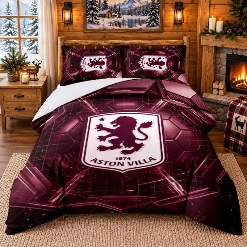 Printed 3Pcs Bedding Set Aston Villa Football Pattern Bed Sheet Pillowcase For Bedroom Decor