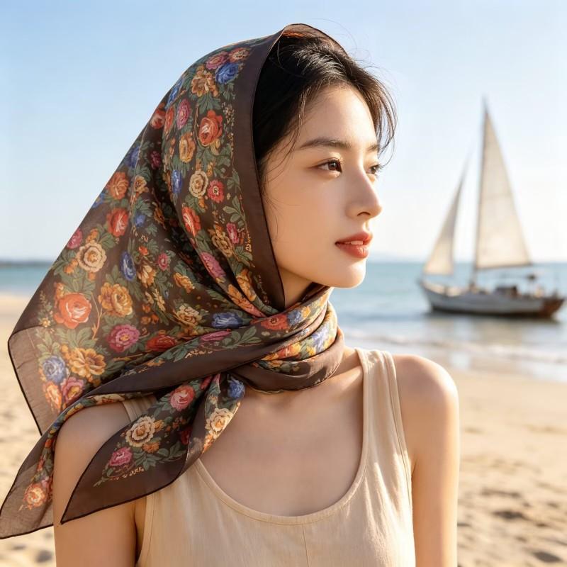 90x90cm Floral Print Square Scarf Women Lightweight Chiffon Wrap Boho Chic Headscarf Beach Cover-Up