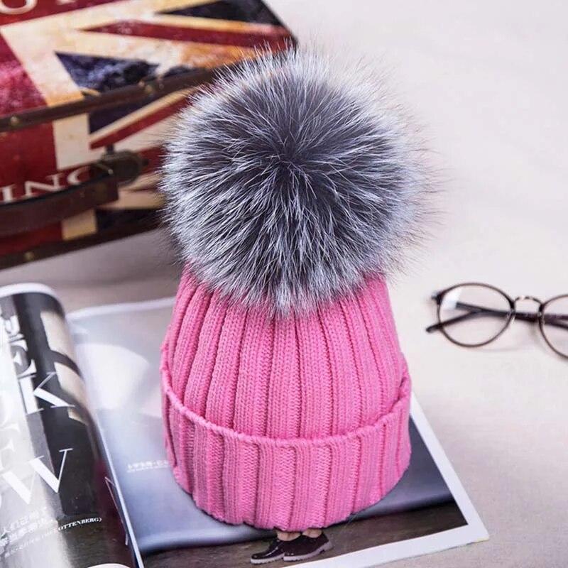 Winter Knitted Hats with Faux Fox Fur Ball Tops Women Pom Pom Beanies Warm Cap Casual Women's Fur Hat Fashion