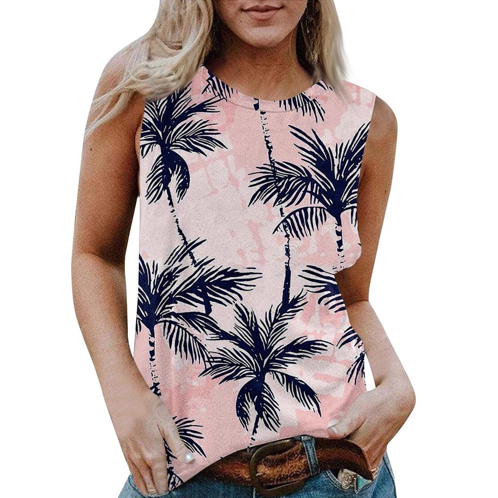 Женская повседневная футболка без рукавов с круглым вырезом и гавайским принтом
