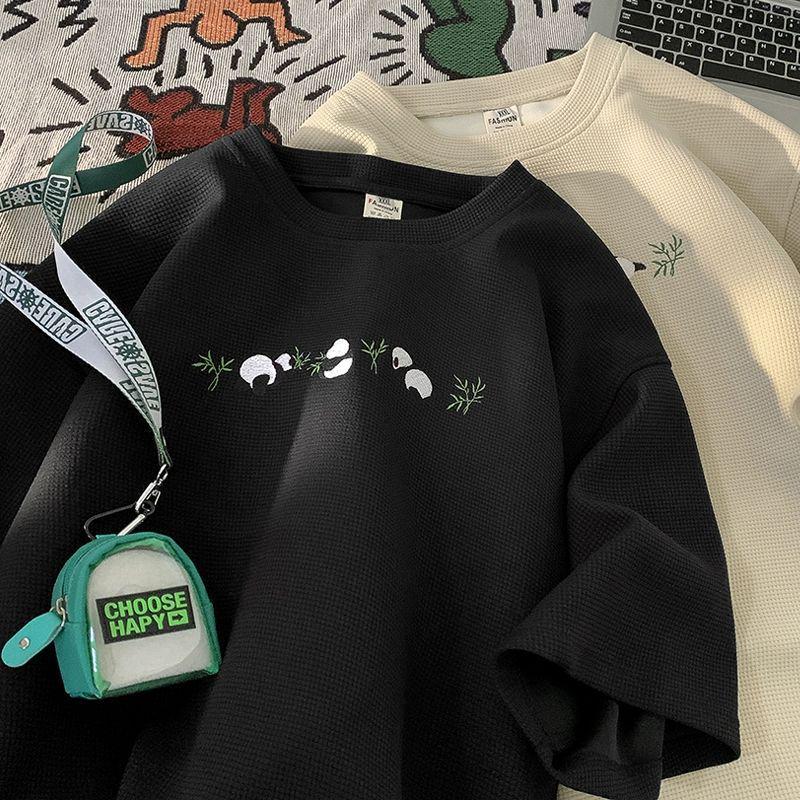 Мужская летняя футболка свободного кроя с коротким рукавом и вафельной текстурой с принтом панды