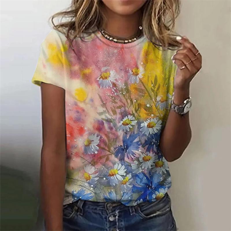 Летний топ с круглым вырезом и 3D-цветочным принтом, модные повседневные женские футболки с короткими рукавами