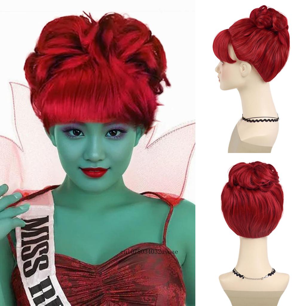 Synthetic Hair Red Updo Wig with Bangs and Bun Short Curly Wigs for Women Girls Halloween Costume Party Cosplay Heat Resistant