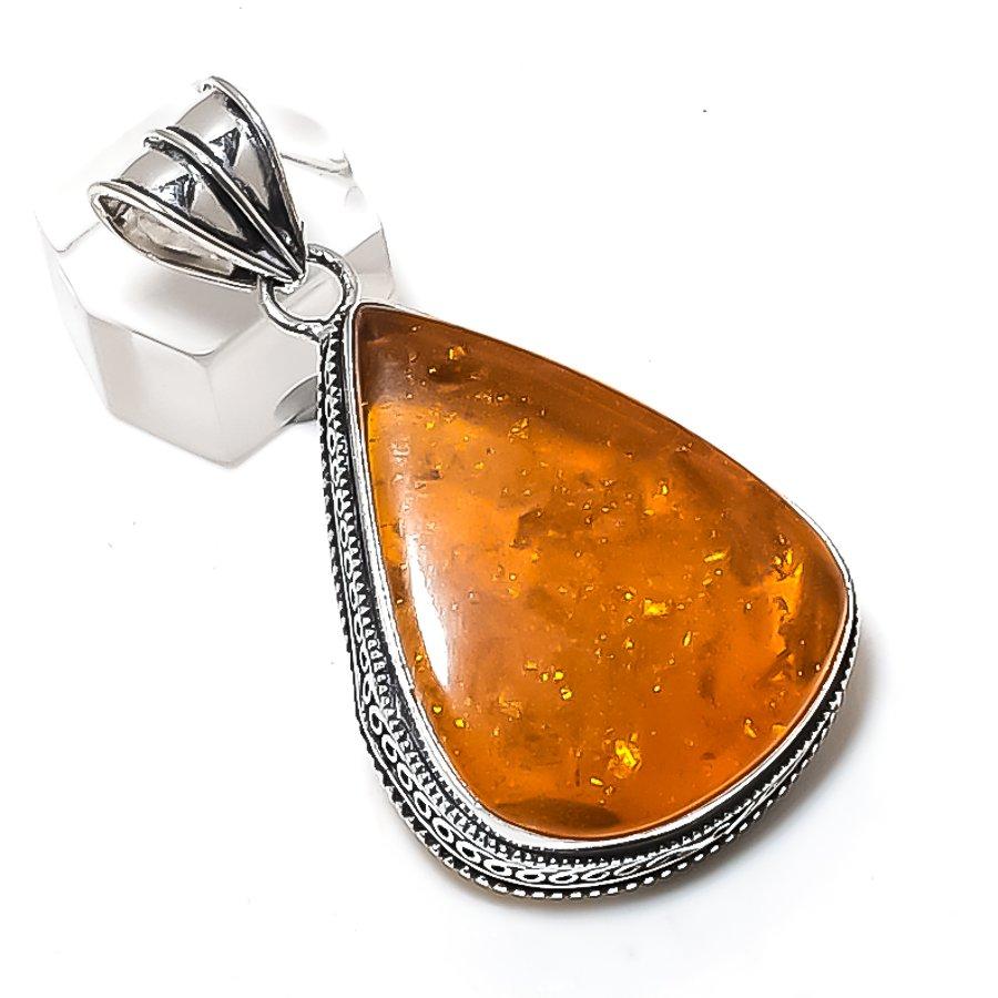 Baltic Amber Gemstone Handmade 925 Sterling Silver Jewelry Pendant 2.25" w1W38