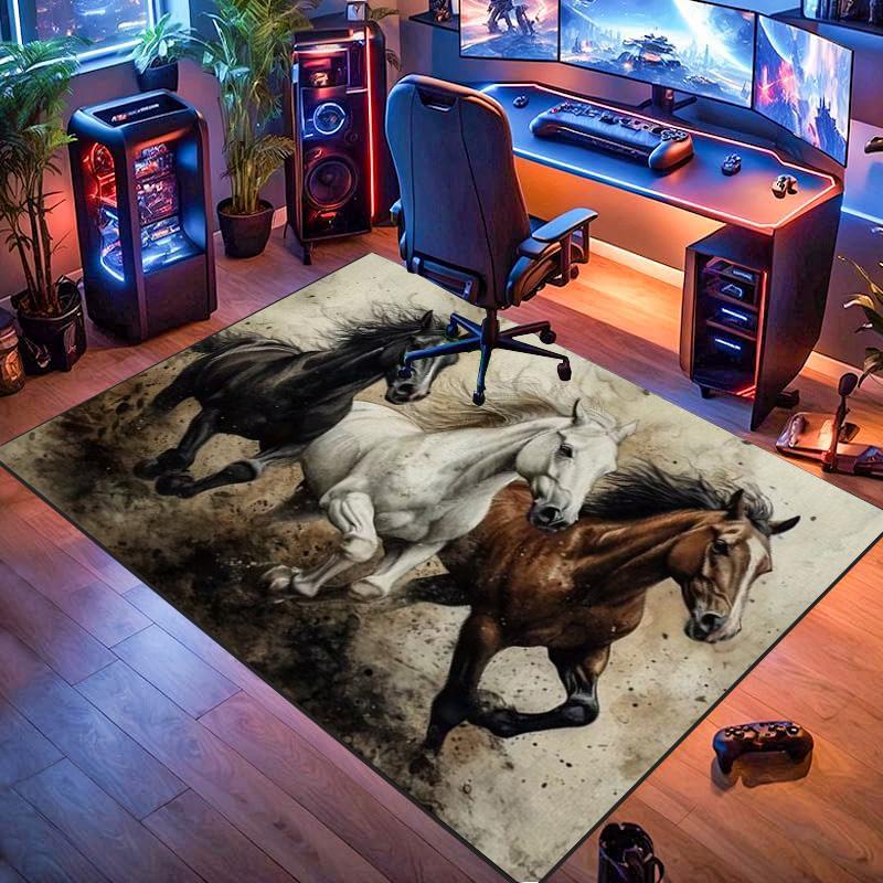 Three Running Black White Brown Horses Vintage Grunge Print Area Rug Wildlife Animal Non Slip Rectangular Floor Mat Horse Lover Gaming Room Decor Rug
