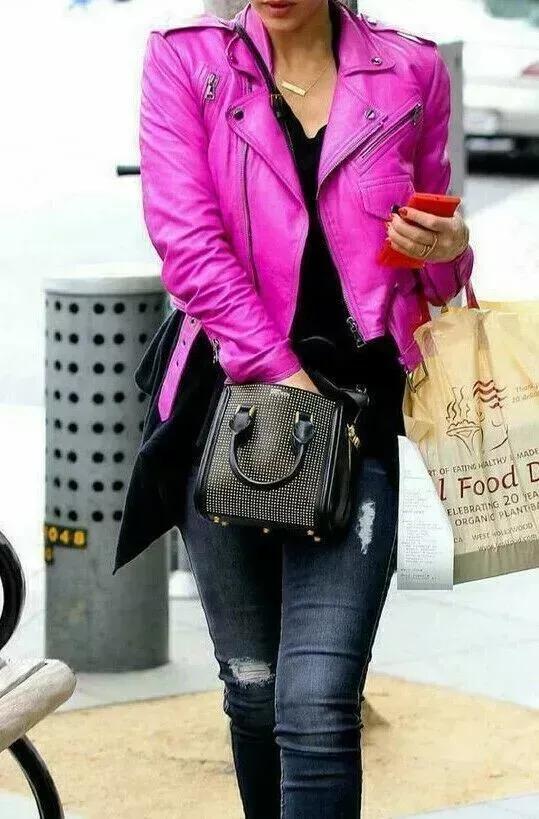 AL KHALID Стильная куртка с воротником розового цвета для женщин из натуральной овчины, дизайнерская куртка из натуральной кожи