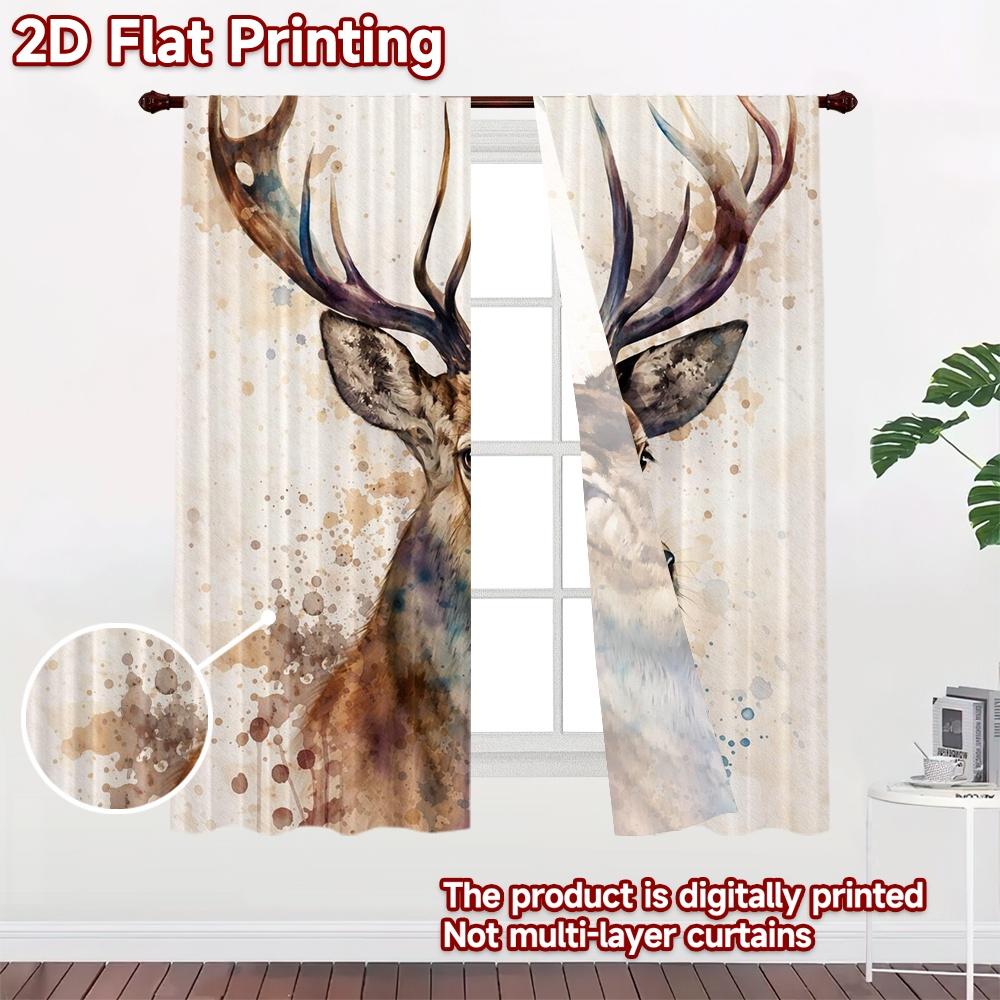 2D FLAT PRINTING 2pcs Curtains (Without Rod) Watercolor Majestic Deer Popular Minimalist Curtains Durable Polyester Curtains