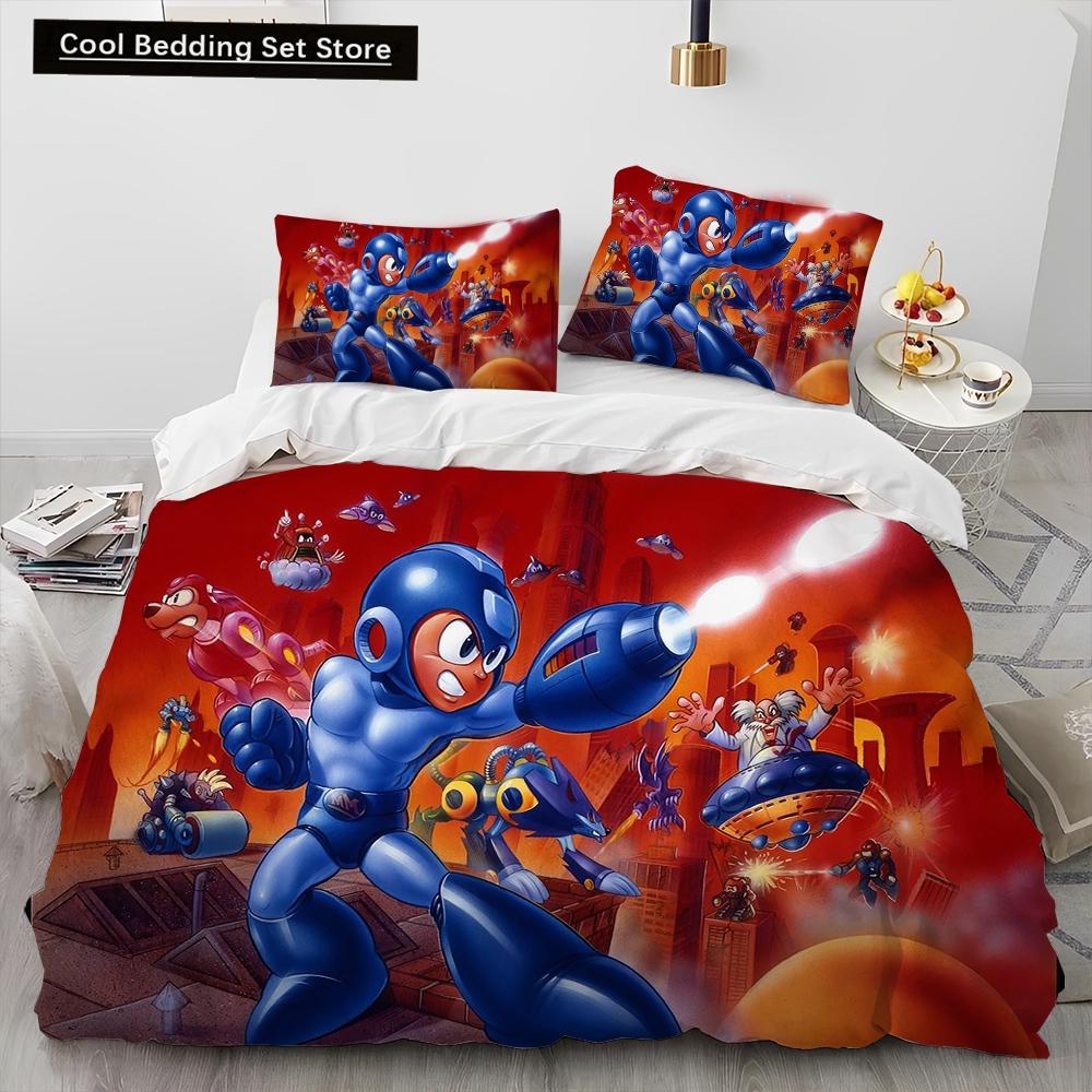 3D Рокмен Мегамен Игра Мультяшный Комплект Постельного Белья Одеяло Пододеяльник Наволочка,Королевский Размер Квинсайз Детский