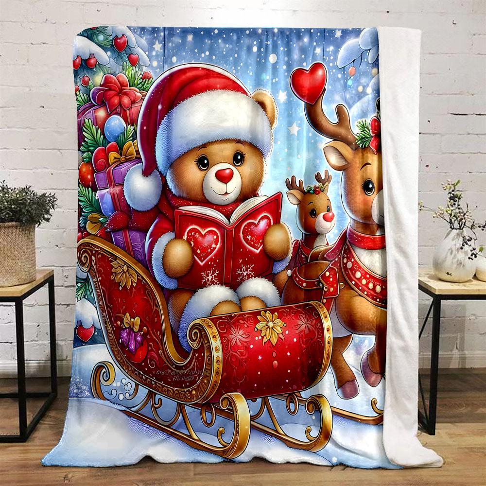 Christmas Bear and Reindeer on Sleigh Patterned flannel blanket perfect for the bedroom living room, sofa, or a little nap