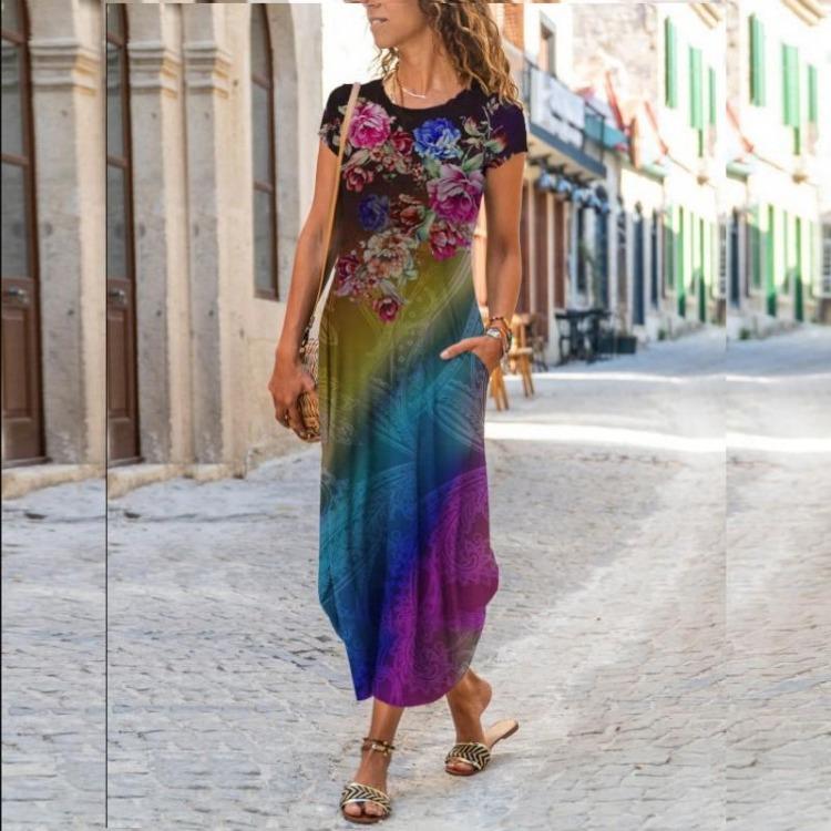 Women's Casual Dresses - Elegant Sleeveless Floral Print A Line Dress Women Party Casual Long Dress with Pocket Round Neck