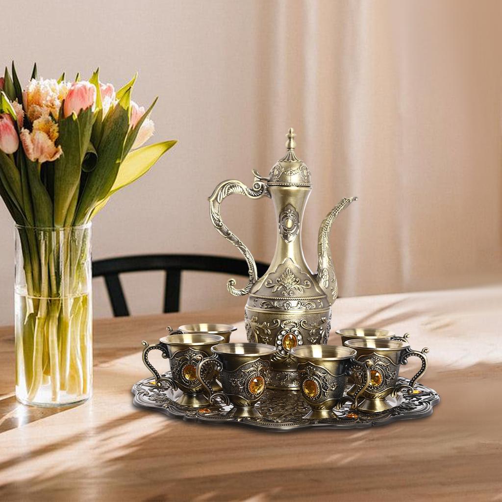 Bronze Tea Set, 1 Pot & 6 Cups with Tray, Retro Style Copper Tea Service for Home & Kitchen, Classic Coffee Pot and Teacup Set
