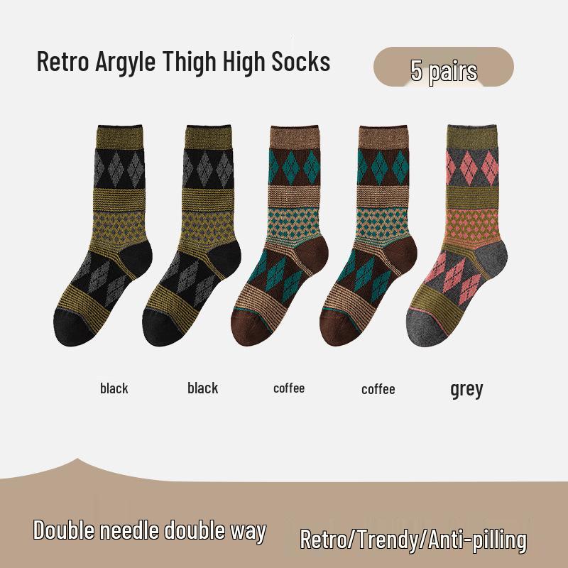Women's Retro Argyle Mid-Calf Socks - Autumn/Winter Ethnic Style