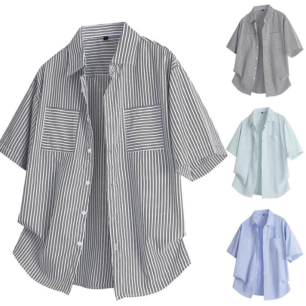 Men's Summer Short Sleeve Striped Shirt Casual Button Pocket Shirt Tops