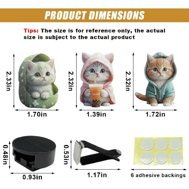 3PCS Cute Cat Car Air Vent Clips, 2D Flat Acrylic Cartoon Kitty Car Air Conditioner Outlet Clip, Auto Interior Decoration Accessories for Most