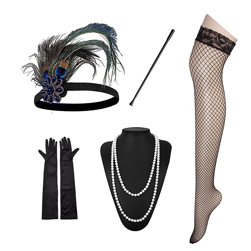 1 Set 1920'S Flapper Cosplay Costume Feather Headband Pearl Necklace Bracelet Stockings Long Glove Gatsby Masquerade Accessories