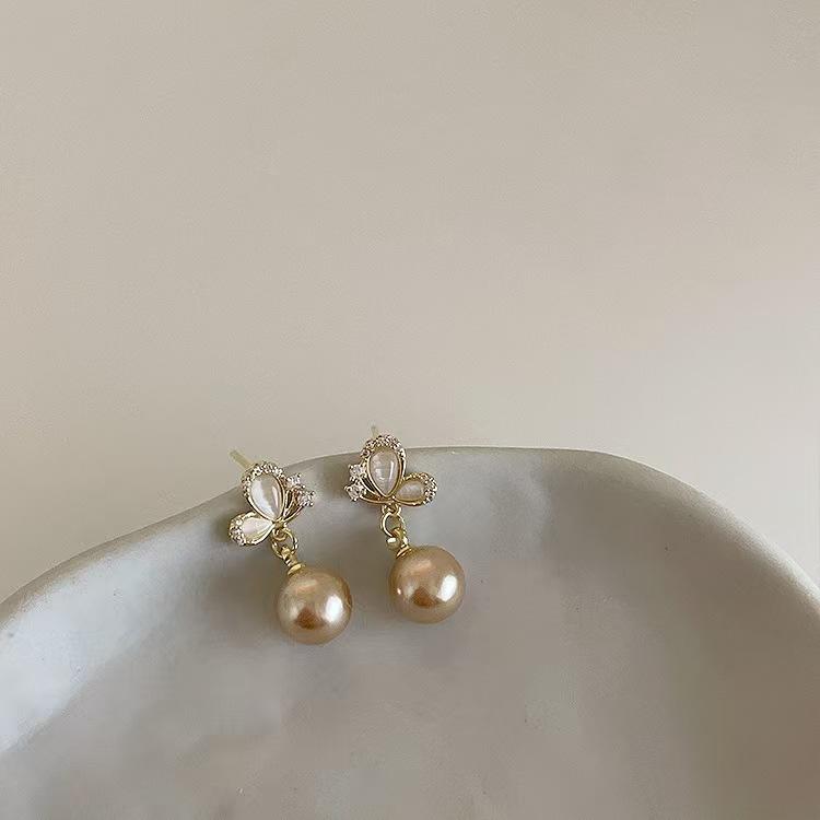 Premium champagne gold pearl stud earrings's niche design exquisite temperament opal butterfly earrings