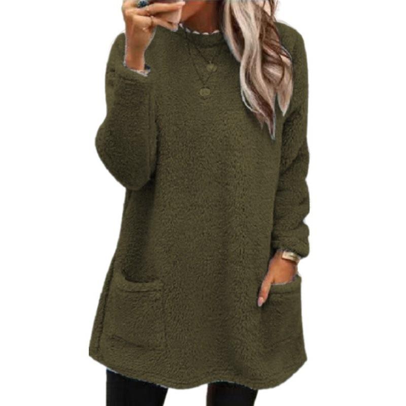 Autumn Winter Solid Color Print O-Neck Women's Long Sleeve Pocket Plush Hoodie T-shirt Top