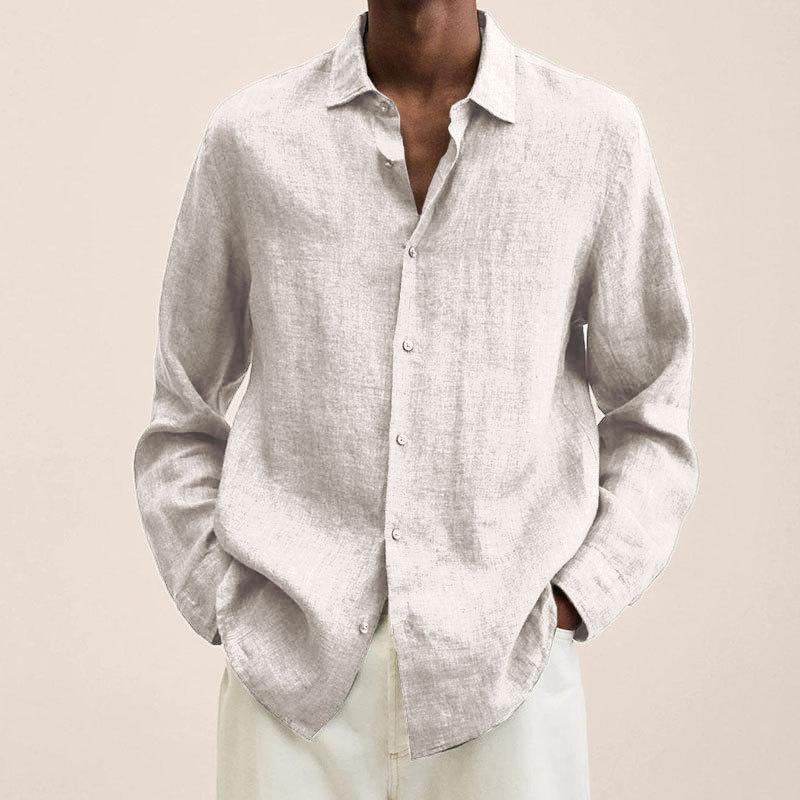 Autumn Long-sleeved V-neck Loose Button Cotton Linen Shirt Shirt Men's Fashion Casual Blouse Solid Colour Shirt
