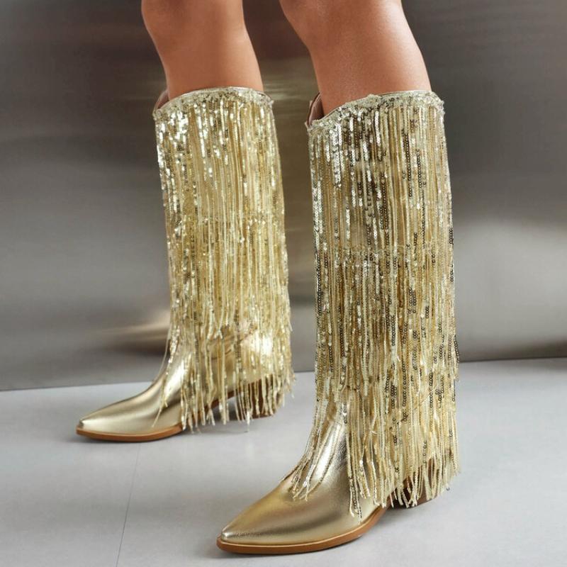 Женские сексуальные блестящие сапоги на толстом каблуке с кисточками, модные роскошные дизайнерские женские сапоги до колена, стильные заостренные женские сапоги-челси для подиума