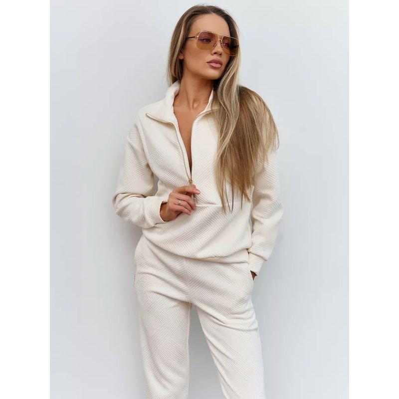 Casual European and American Women Set Solid Long Sleeve Zip-up Loose Top Lace-up Trousers Two-Piece Suit Women
