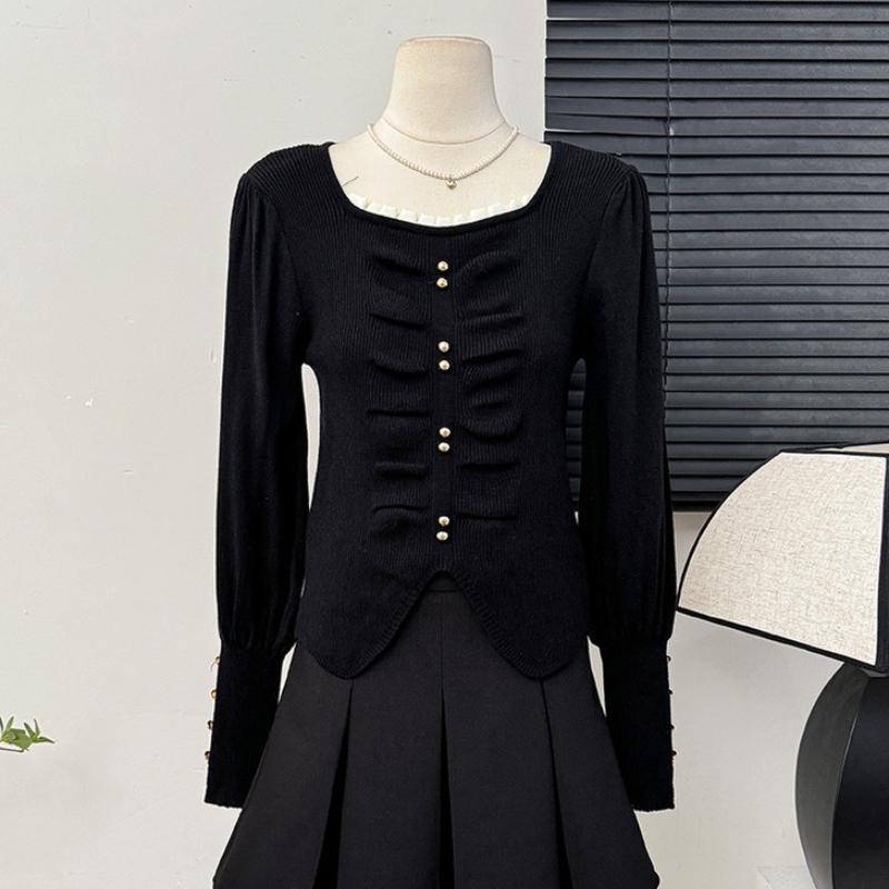 Square Neck Ruffle Sweater Base Layer Women Autumn Winter Premium Unique Fashion Knit Top