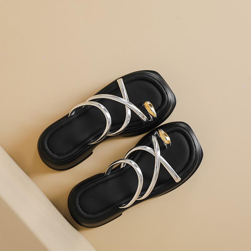 Серебристые женские летние шлепанцы на толстой подошве премиум-класса, новые, с зажимом для пальцев, сандалии-полушлепки, подошва-маффин, пляжная обувь