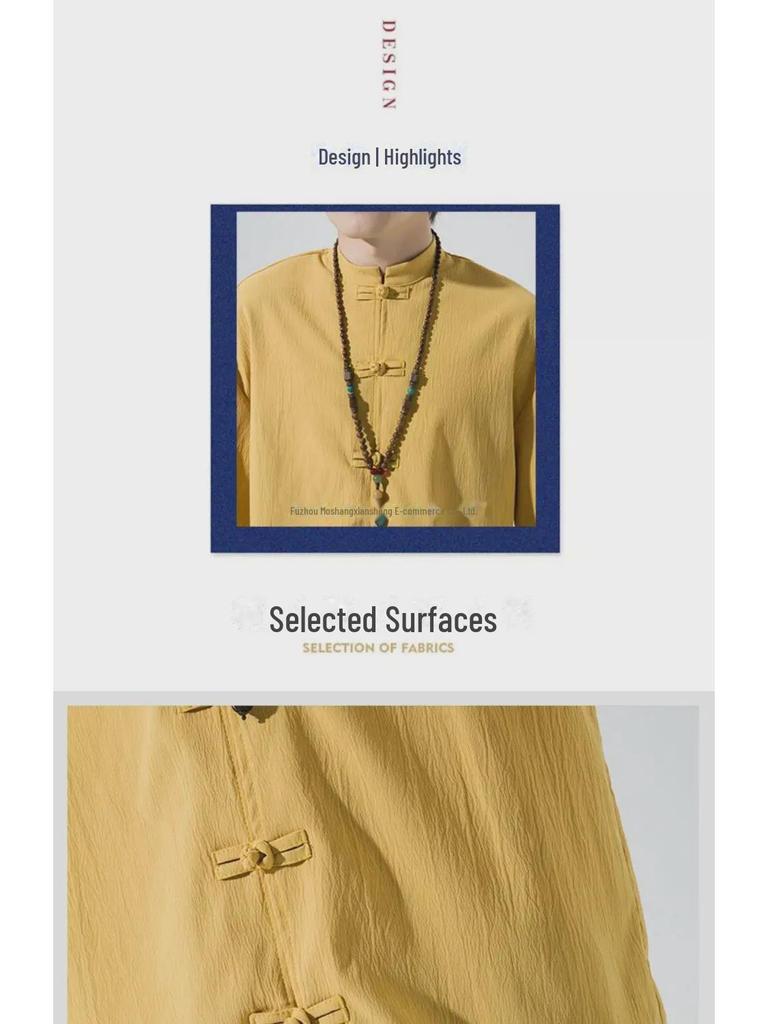 Мужская летняя рубашка из льна с коротким рукавом в стиле Тан - Топ в древнекитайском стиле Ханьфу