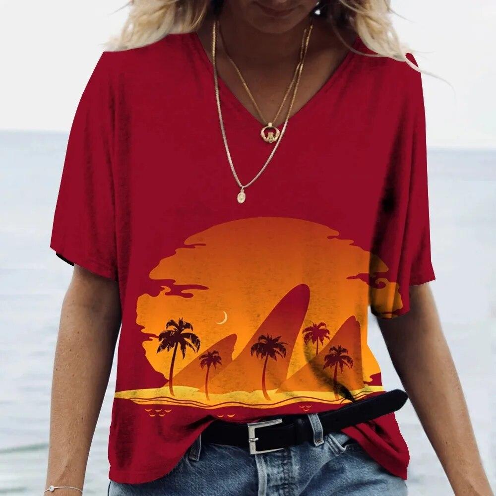 Гавайская футболка, женский топ с v-образным вырезом и коротким рукавом, футболка с принтом кокосовой пальмы, женская одежда большого размера, женский топ для отпуска