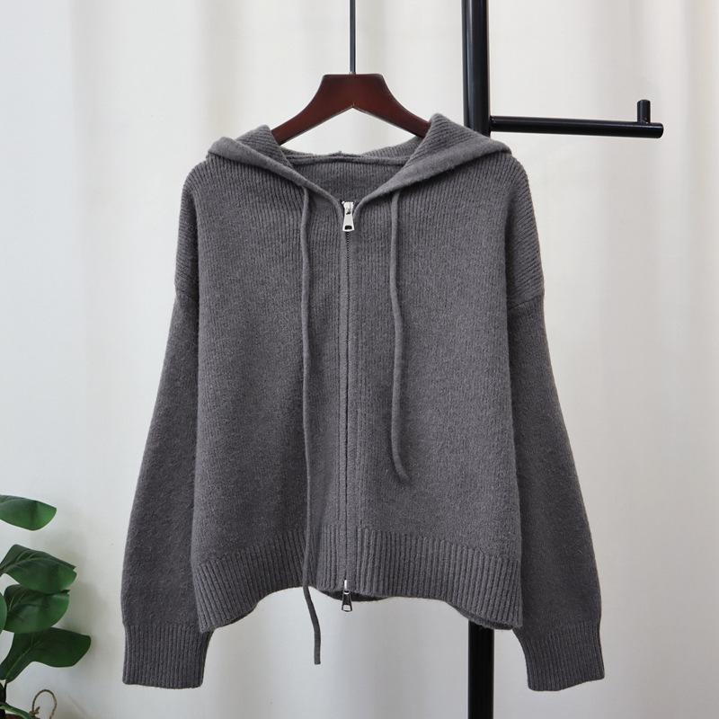 Double Zipper Hooded Knitted Cardigan Autumn and Winter New Short Design Loose Sweater Jacket Women