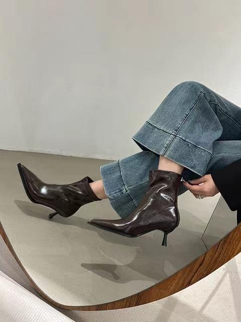Мода 2024 Осень Новые женские остроносые высокие каблуки короткие сапоги тонкие каблуки дополнительная флисовая подкладка средние сапоги Followfashion женские