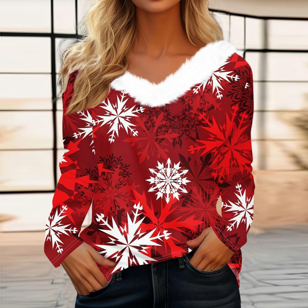 Рубашки с длинным рукавом для женщин Милые топы Рождественские принты Футболки Блузки Повседневные топы больших размеров Базовые топы Пуловеры
