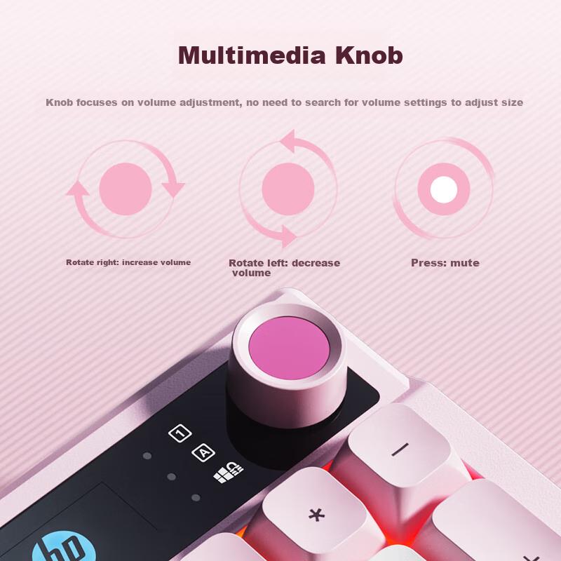 HP K500F Mechanical Feel Wired Keyboard, Quiet Multifunctional Knob for Office, Pink, 98-Key Layout