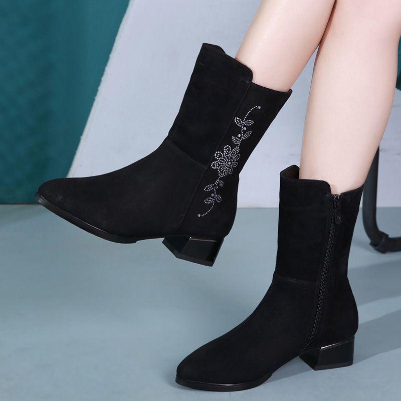 Модные полусапоги на среднем каблуке с флисовой подкладкой для женщин Зимние ботинки до середины икры со стразами Женские 2025 Новинка Y2k Косплей Новые Рок-ботинки