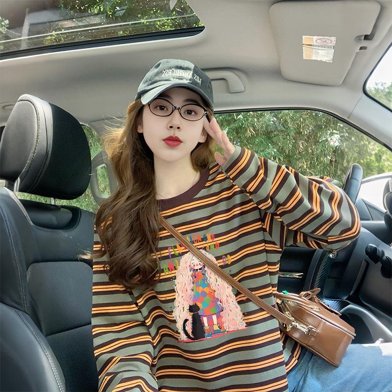 Цветная полосатая футболка с длинным рукавом в корейском стиле - Весна и Осень Модная Граффити Свободный крой для женщин