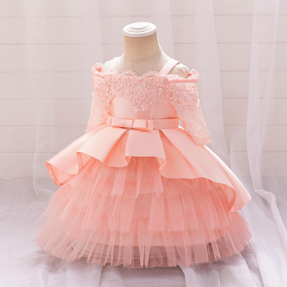 Fluffy Flower Wedding Kids Dress For Girl Elegant Pink 1st Birthday Princess Tutu Prom Party Dresses Child Bow Lace Evening Gown