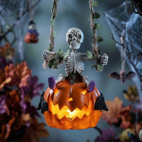 Creative Holiday Gift for Adults Swing Skeleton with Lighted Pumpkin, Light-up Ornament, Halloween Ornament Hanging Statue Indoor Front Porch