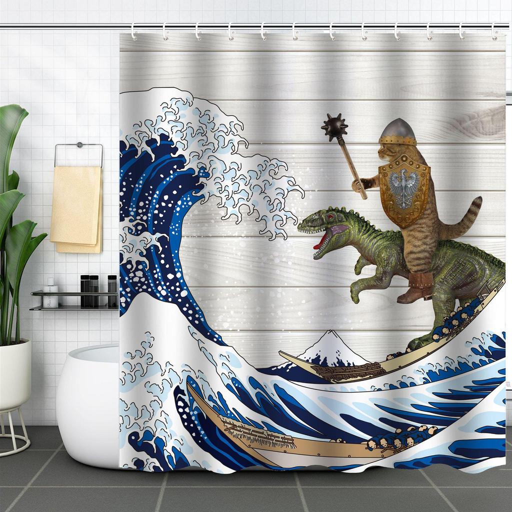 Waterproof Curtain With Mildewproof Shower Sea Wave Dinosaur Whale And Cat Print